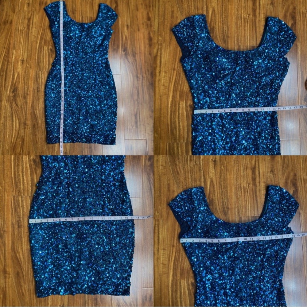 Vintage Women's Scala Blue Beaded Cap Sleeve Sheath Dress Size 14 Party Glam - Picture 16 of 16